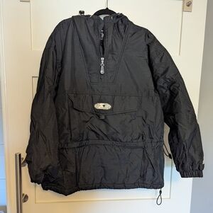 Vintage women's black and blue fleece lined Starter jacket with hood. Women's XL